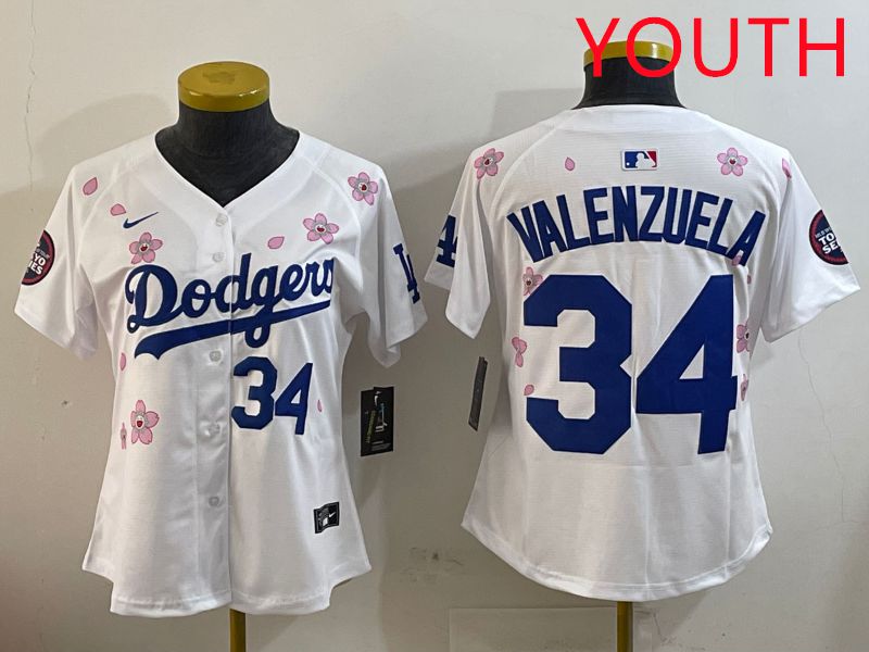 Youth Los Angeles Dodgers 34 Valenzuela White Sakura Edition 2025 Nike MLB Jersey style 8